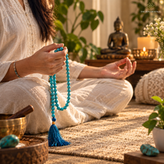 A person in white clothing sits cross-legged on a woven rug, holding a turquoise beaded prayer necklace with a tassel. The scene is styled with a brass singing bowl, crystals, a small Buddha statue, and candles in the background.