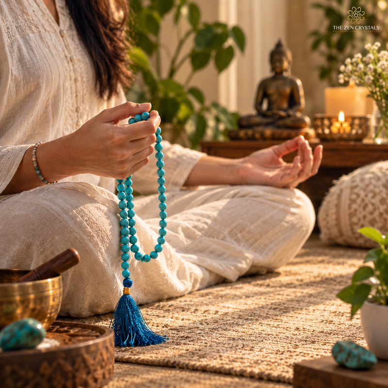 A person in white clothing sits cross-legged on a woven rug, holding a turquoise beaded prayer necklace with a tassel. The scene is styled with a brass singing bowl, crystals, a small Buddha statue, and candles in the background.