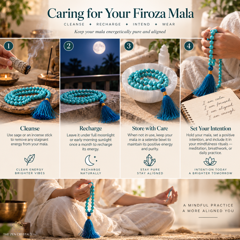 An instructional infographic titled 'Caring for Your Firoza Mala' showing four numbered steps with photos and text for cleansing, recharging, storing with care, and setting intention, alongside a turquoise and purple mala bracelet and tassel.