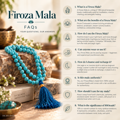 An informational FAQ graphic for a Firoza Mala bracelet. The graphic features a turquoise beaded mala with a blue tassel draped over a wooden block on a stone surface.
