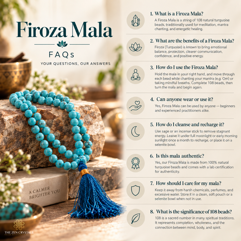 An informational FAQ graphic for a Firoza Mala bracelet. The graphic features a turquoise beaded mala with a blue tassel draped over a wooden block on a stone surface.