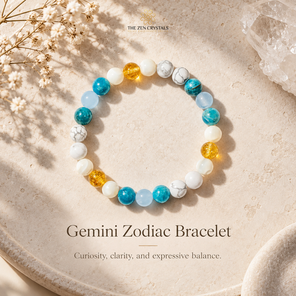Gemini Zodiac Bracelet by The Zen Crystals, featuring a beaded stretch bracelet with turquoise, white, gray, and amber-yellow gemstone beads, displayed on a textured beige stone surface with decorative dried flowers and a crystal cluster.