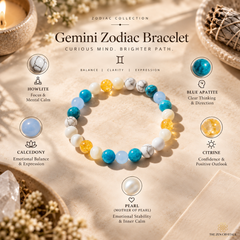 Gemstone bracelet arranged in a circle on a beige fabric background with decorative candles and crystals. Text labels each bead type: howlite, blue apatite, calcedony, citrine, pearl, and a blue marbled bead, with the title Gemini Zodiac Bracelet and The Zen Crystals branding.