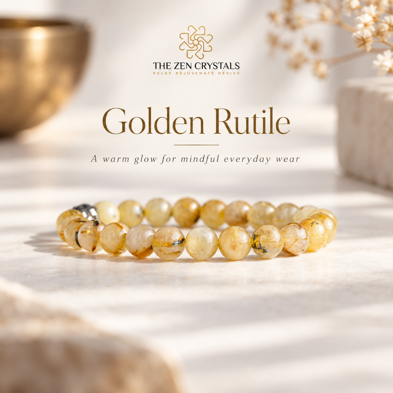 A beaded crystal bracelet made of warm golden-rutile round beads, displayed on a light marble surface with soft-focus decorative props. The brand logo 'The Zen Crystals' and the text 'Golden Rutile' are displayed at the top.
