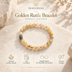 A Golden Rutile Bead Bracelet by The Zen Crystals, featuring round natural golden-yellow beads with black inclusions and a small silver-toned Buddha charm, displayed on a textured beige stone surface with promotional text and icons below.