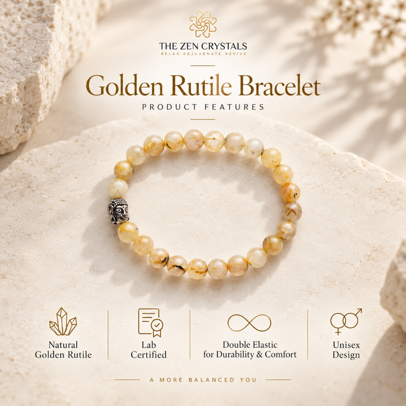 A Golden Rutile Bead Bracelet by The Zen Crystals, featuring round natural golden-yellow beads with black inclusions and a small silver-toned Buddha charm, displayed on a textured beige stone surface with promotional text and icons below.