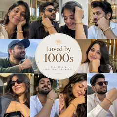 A collage of multiple people wearing beaded bracelets, with a central circular badge that reads 'Loved by 1000s' and smaller text 'REAL PEOPLE REAL POSITIVE ENERGY.' This is not a clean single-product shot, and the image functions more like a promotional social-style graphic, so subject_type is Other rather than Lifestyle or Product/Packaging.