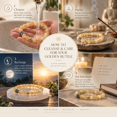 A four-panel instructional graphic showing how to cleanse and care for a golden rituel bracelet. The panels show a hand rinsing the bracelet under running water, a burning incense stick, a bracelet resting on a stone slab with smoke, and a bracelet on a reflective surface with a quote card.