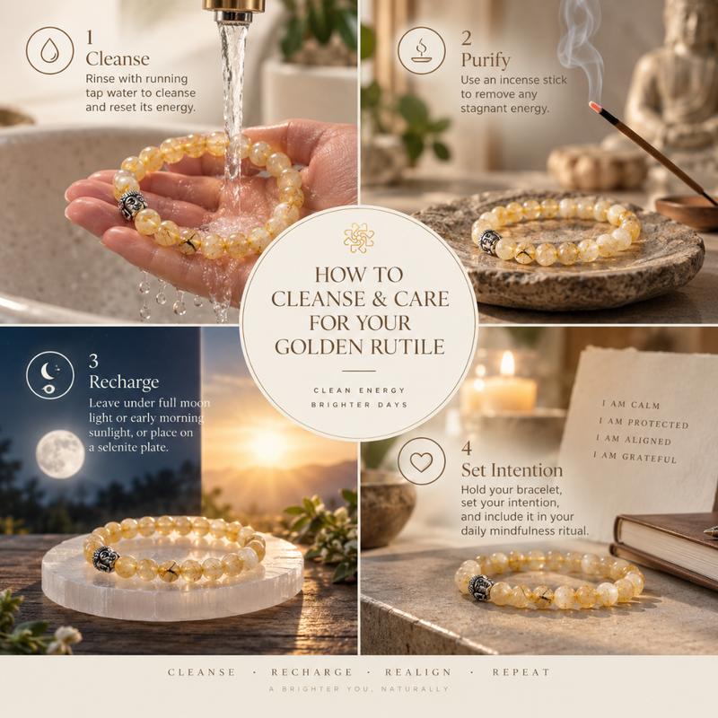 A four-panel instructional graphic showing how to cleanse and care for a golden rituel bracelet. The panels show a hand rinsing the bracelet under running water, a burning incense stick, a bracelet resting on a stone slab with smoke, and a bracelet on a reflective surface with a quote card.