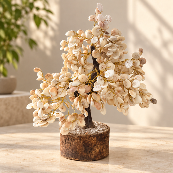 A decorative gomati chakra tree sculpture with cream and beige shells on a dark brown branch, set in a rustic brown pot on a light stone surface.