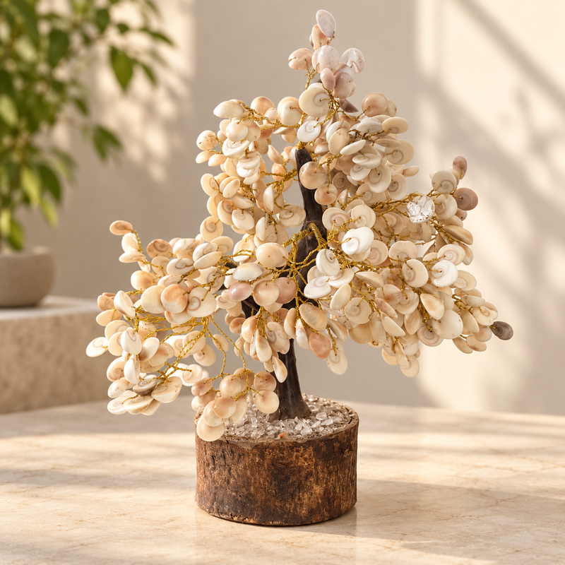 A decorative gomati chakra tree sculpture with cream and beige shells on a dark brown branch, set in a rustic brown pot on a light stone surface.