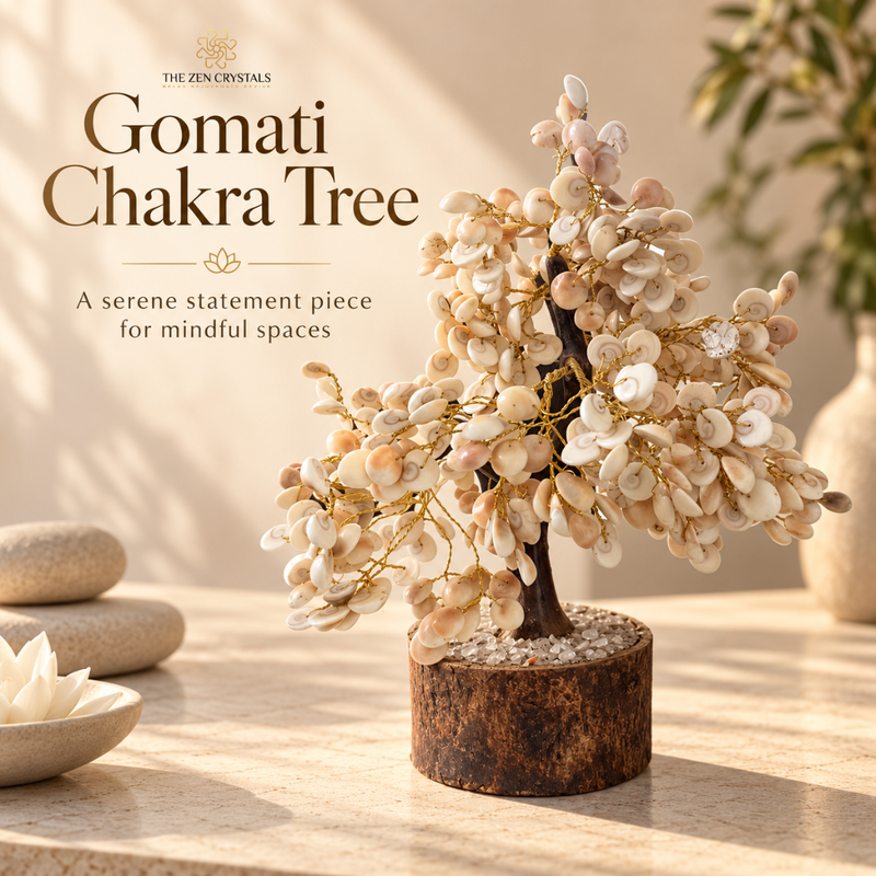The Zen Crystals Gomati Chakra Tree, a decorative statement piece made of white and beige gemstone petals on a dark brown wire frame and rustic brown cylindrical base, displayed on a stone surface with stacked stones and a vase in the background.