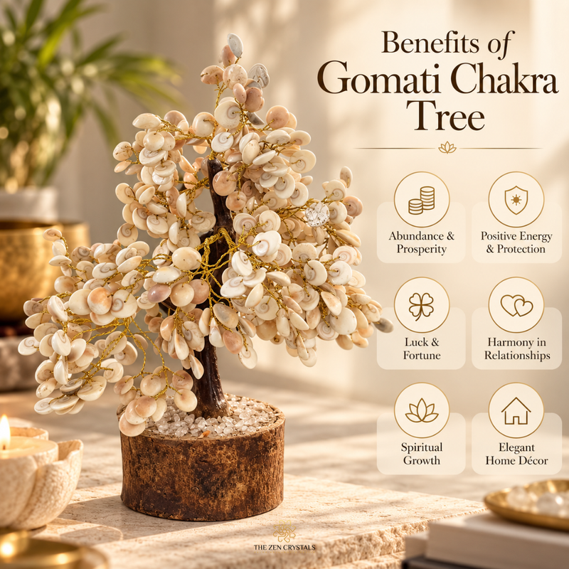 A decorative Gomati Chakra tree centerpiece made of small beige and cream stone-like discs on a brown branch, shown in a potted rustic base on a tabletop. The image includes text reading 'Benefits of Gomati Chakra Tree' and six benefit callouts, with a softly styled interior background and candles.