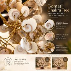 A decorative arrangement of natural white and beige Gomati chakra shells hanging on a gold wire frame, shown on a branded beige promotional background with text callouts and small variant thumbnails at the bottom.