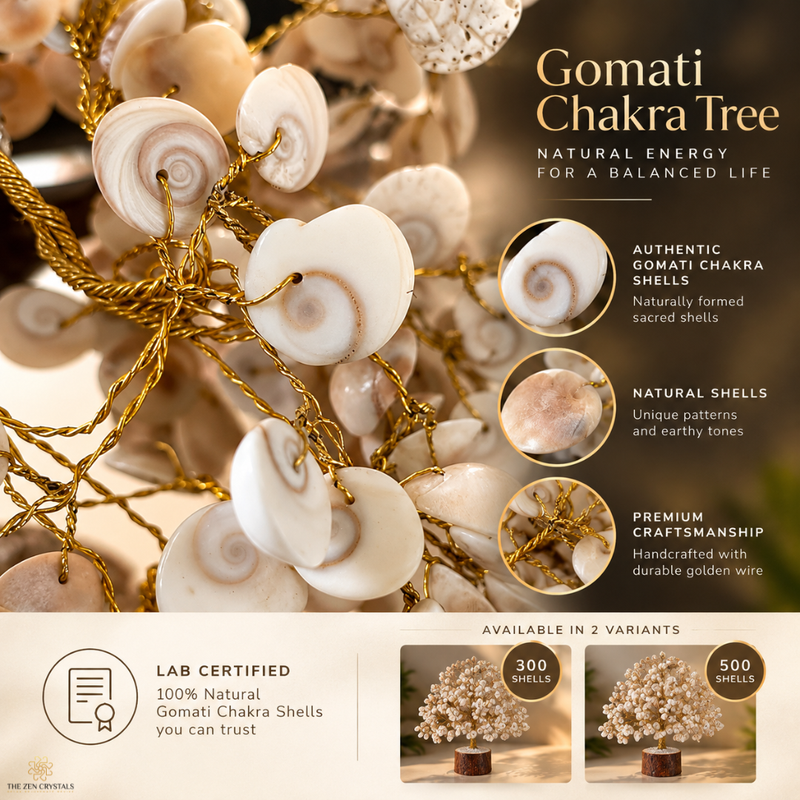 A decorative arrangement of natural white and beige Gomati chakra shells hanging on a gold wire frame, shown on a branded beige promotional background with text callouts and small variant thumbnails at the bottom.