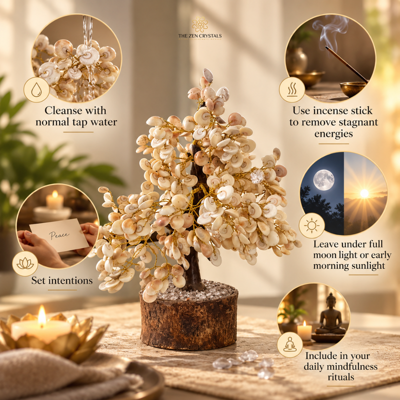 A decorative crystal tree centerpiece made of many small beige and cream stones, mounted on a round dark wood base, shown on a tabletop with wellness-themed inset circles and text. The top center shows the brand name The Zen Crystals.
