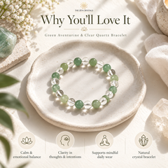 A beaded bracelet made of green aventurine and clear quartz stones, displayed on a small beige ceramic dish. The image is a styled flat-lay with text overlays reading 'Why You'll Love It' and 'Green Aventurine & Clear Quartz Bracelet' from 'The Zen Crystals', surrounded by crystals, fabric, and decorative elements.