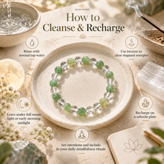A green and clear beaded bracelet sits on a ceramic dish in a styled wellness scene with text reading 'How to Cleanse & Recharge,' plus icons and suggestions like rinsing with tap water, using incense, and setting intentions. The brand name The Zen Crystals appears at the top.