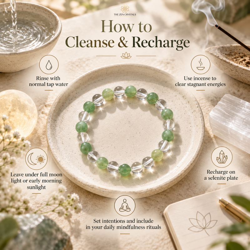 A green and clear beaded bracelet sits on a ceramic dish in a styled wellness scene with text reading 'How to Cleanse & Recharge,' plus icons and suggestions like rinsing with tap water, using incense, and setting intentions. The brand name The Zen Crystals appears at the top.