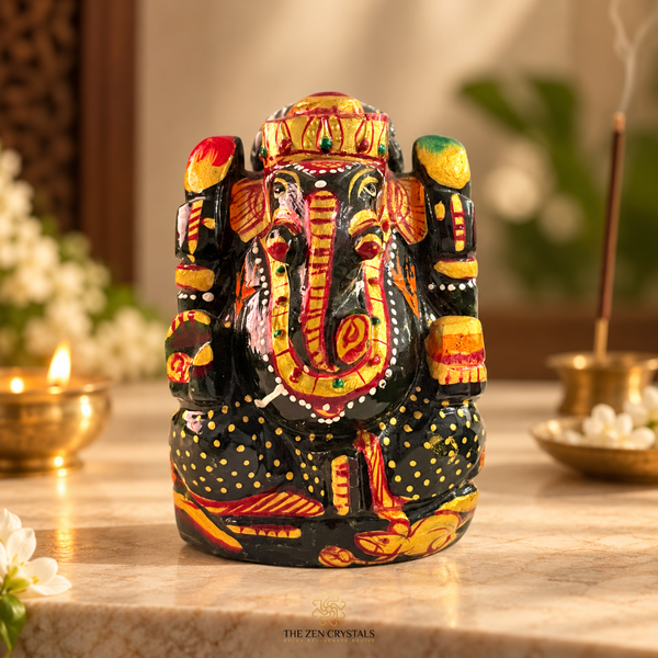 Handpainted Green Jade Ganesha Idol