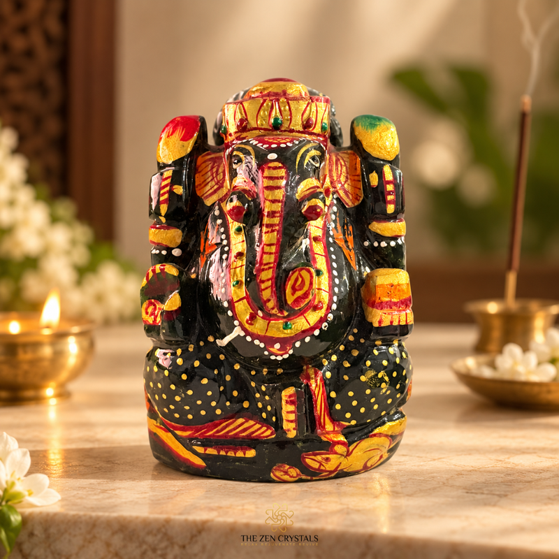Handpainted Green Jade Ganesha Idol