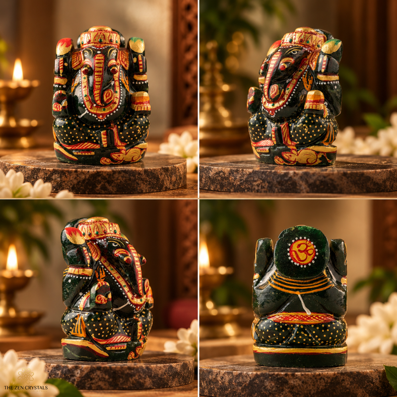 Handpainted Green Jade Ganesha Idol