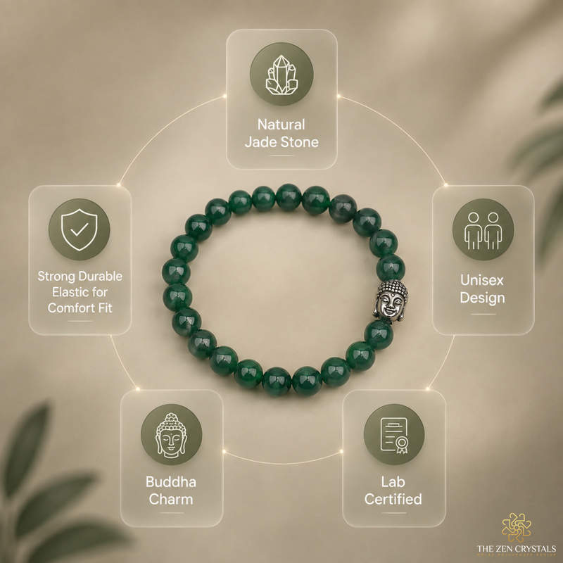 A dark green jade beaded bracelet with a silver Buddha charm, displayed on a soft beige background with informational feature callouts around it.
