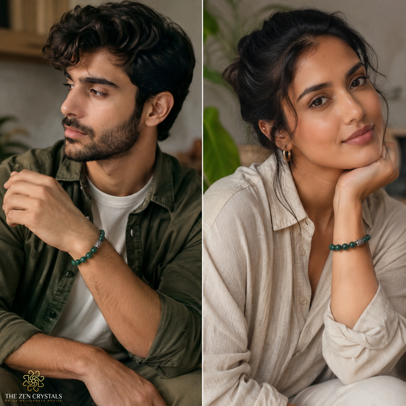 A split-screen lifestyle image showing a man and a woman wearing matching dark green beaded bracelets. The man is wearing an olive green shirt over a white t-shirt, and the woman is wearing a beige linen shirt.