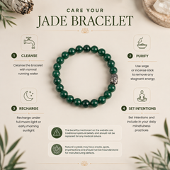 An infographic titled 'CARE YOUR JADE BRACELET' shows a dark green jade beaded bracelet in the center on a warm beige background, surrounded by six numbered care tips: Cleanse, Purify, Recharge, and Set Intentions. Decorative natural elements like pine needles and a shell are visible around the edges.