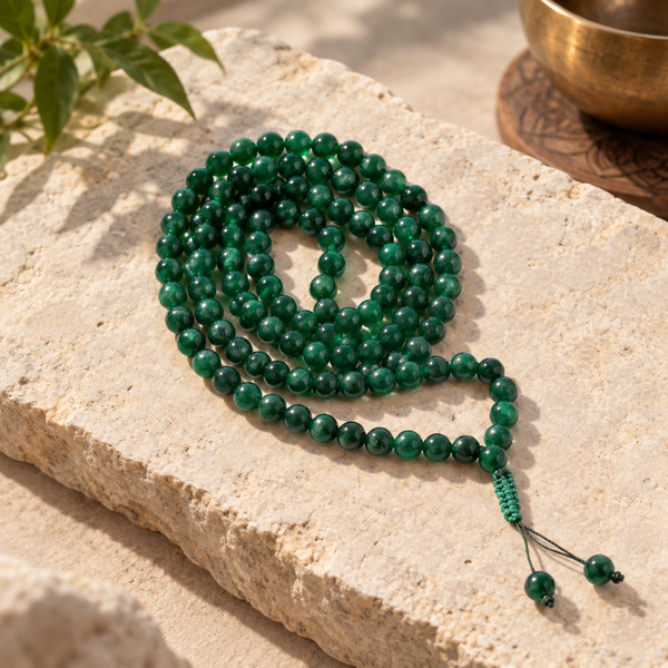 A Jade Jaap mala necklace with a matching tassel is arranged on a light beige stone slab outdoors. The beads are polished emerald green with natural marbling, and the tassel has a small knotted accent.