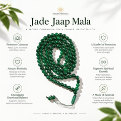 A styled product listing graphic for a Jade Jaap Mala prayer bead necklace from The Zen Crystals. The dark green malachite beads are arranged in a circle on a white background with decorative green leaves in the corners.