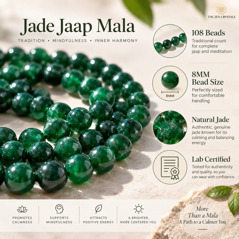 Green jade beaded mala necklace displayed on a light textured surface with informational callouts about the product, including bead count, 8mm bead size, natural jade quality, and lab certification. Brand name The Jen Cristals is visible in the top right.