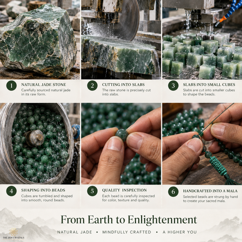 Six-panel infographic showing the handmade mala bead-making process, from raw natural jade stone to finished green Jade Jaap mala, with numbered steps and text overlays.