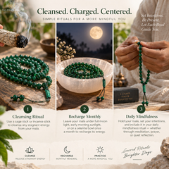 A three-panel promotional graphic for a green gemstone mala prayer bead necklace. The top text reads 'Cleansed.