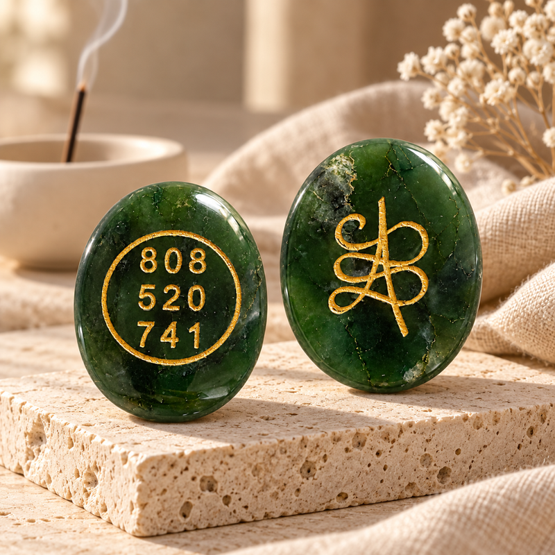 Two polished dark green stone pendants with gold engravings, one displaying numbers and the other a monogram, displayed on a textured stone slab with a linen cloth and dried flowers in the background.