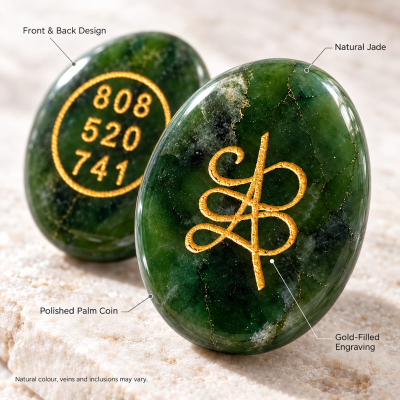 Two polished green palm coin stones on a light stone surface, with callout labels pointing out the front and back design, natural jade coloration, polished palm coin finish, and gold-filled engraving.
