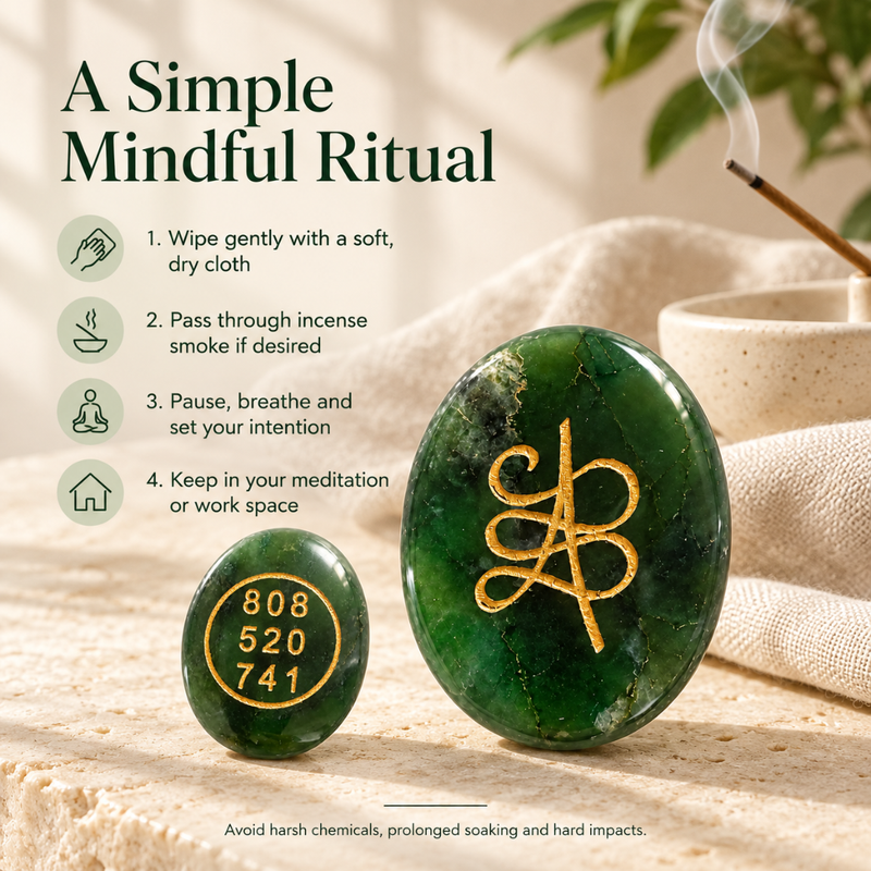 Two polished green gemstone crystals with gold symbols, shown beside text instructions for a simple mindful ritual on a beige surface with a cloth, incense, and soft background props.