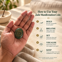 A hand holds a green jade-like coin engraved with gold numbers and text, next to an informational guide titled 'How to Use Your Jade Manifestation Coin' with five numbered steps. The background is a softly lit beige fabric with a blurred incense burner and incense stick.