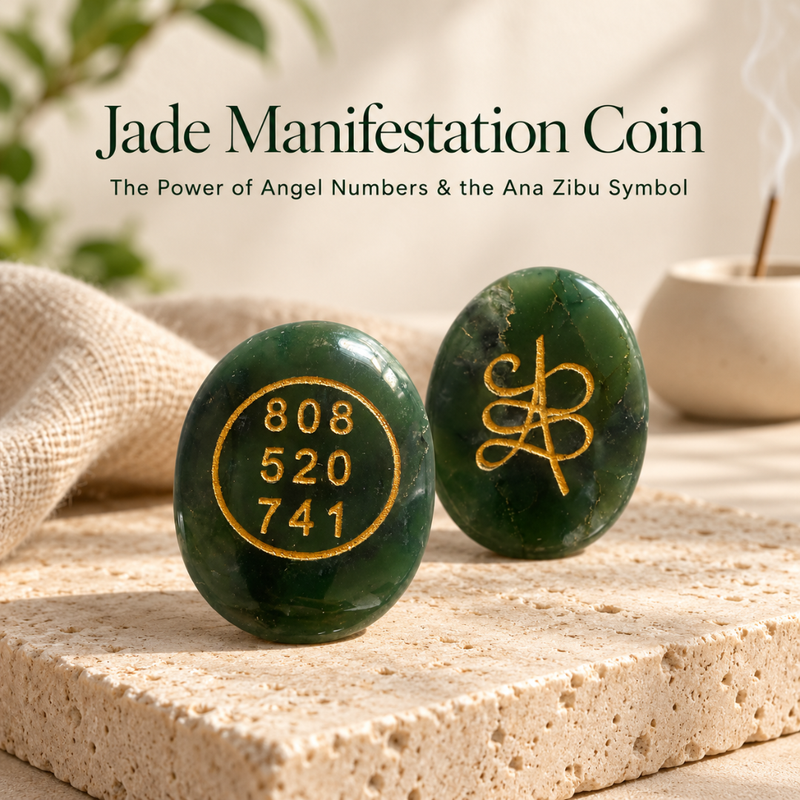 Two polished dark green jade oval stones displayed on a beige stone slab, with one stone showing gold engraved angel numbers (808, 520, 741) and the other showing a gold Ana Zibu symbol. Text at the top reads 'Jade Manifestation Coin' and 'The Power of Angel Numbers & the Ana Zibu Symbol'.