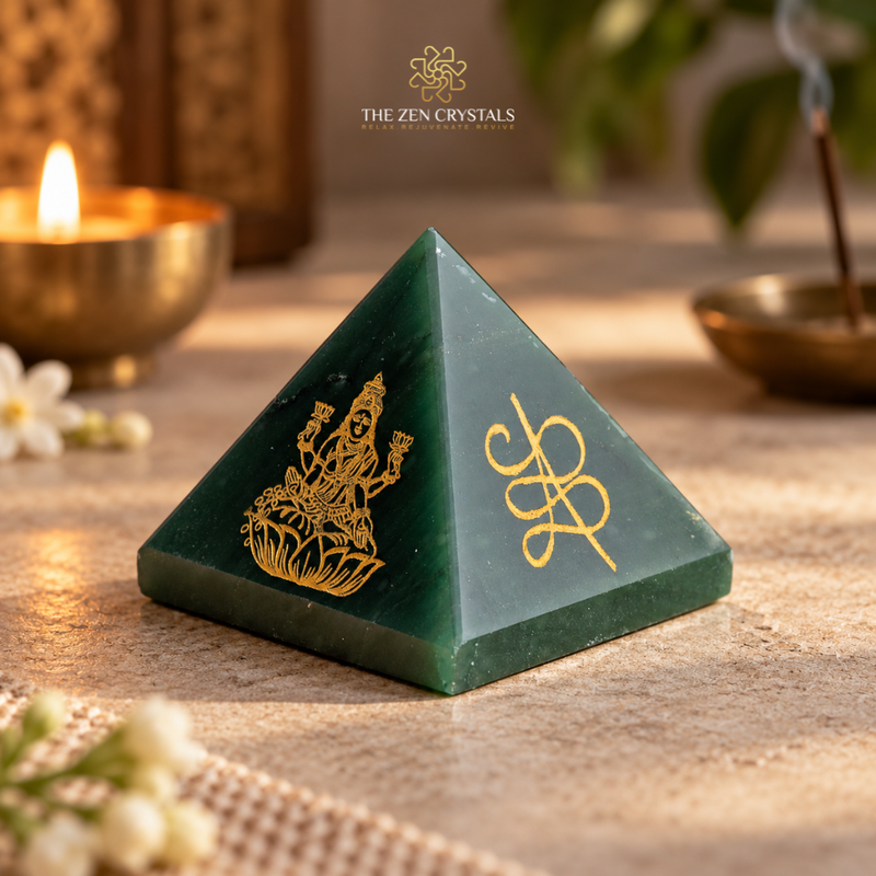 A green jade prosperity pyramid with gold engravings, displayed on a stone surface with a lit candle and incense in the background. The brand logo 'THE ZEN CRYSTALS' is visible at the top.