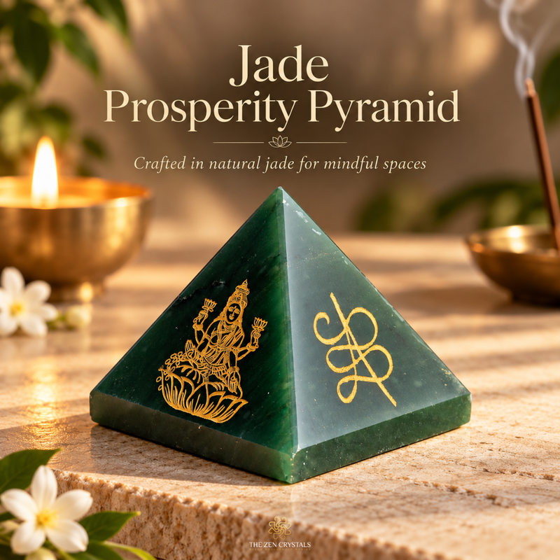 A green jade oracle pyramid with gold engravings of Lord Ganesha and a prosperity symbol, styled on a stone surface with a candle, incense, and flowers in a warm, spiritual setting.