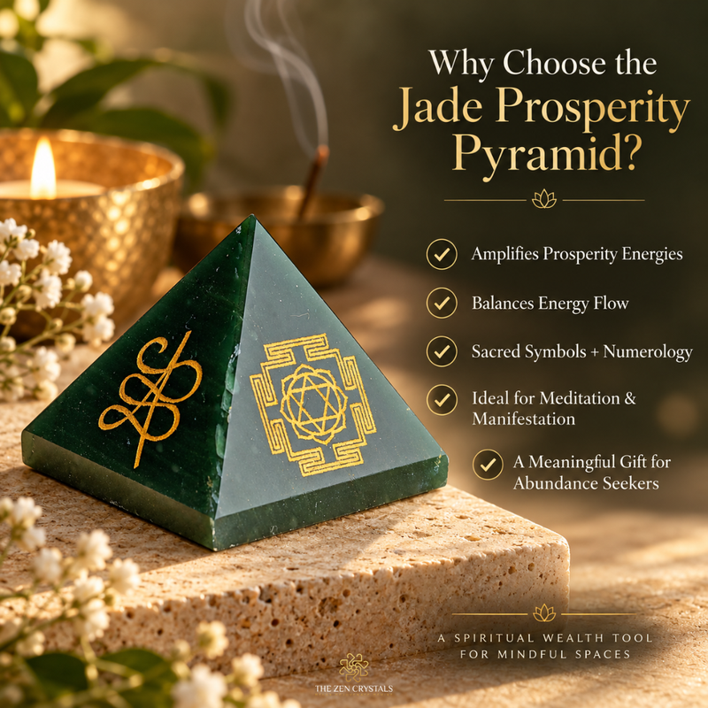 A dark green jade prosperity pyramid with gold symbols sits on a stone surface beside a lit candle and incense, with promotional text on the right explaining spiritual benefits.