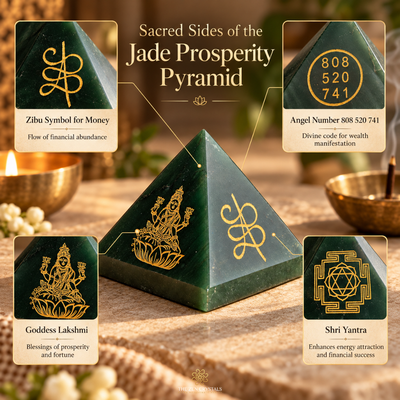 A green jade-like pyramid altar object with gold engraved symbols and text callouts explaining its spiritual meanings, including Zibiu symbol for money, Goddess Lakshmi, Shri Yantra, and an angel number. The pyramid is shown on a styled tabletop with candles and bowls in a warm indoor setting.