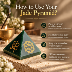 A dark green jade crystal pyramid with gold engravings sits on a stone surface in a styled indoor setting with candles and flowers. Text on the image explains how to use the jade pyramid, with icons and suggestions for placement, meditation, office use, and gifting.