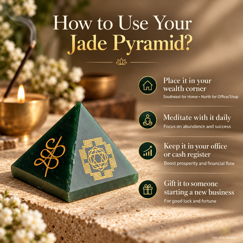 A dark green jade crystal pyramid with gold engravings sits on a stone surface in a styled indoor setting with candles and flowers. Text on the image explains how to use the jade pyramid, with icons and suggestions for placement, meditation, office use, and gifting.