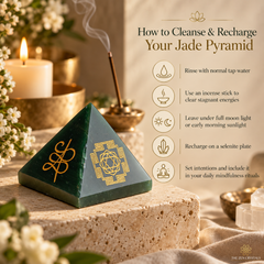 A dark green jade crystal pyramid with gold engravings sits on a stone pedestal beside lit candles, flowers, and an incense burner. Text on the right explains how to cleanse and recharge the pyramid with icons and instructions.
