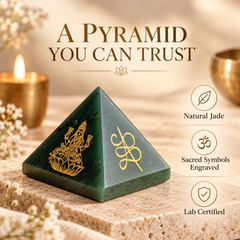 A green natural jade pyramid with gold engravings, displayed on a stone pedestal with candles and flowers in the background. Text on the image highlights its features: 'A PYRAMID YOU CAN TRUST', 'Natural Jade', 'Sacred Symbols Engraved', and 'Lab Certified'.