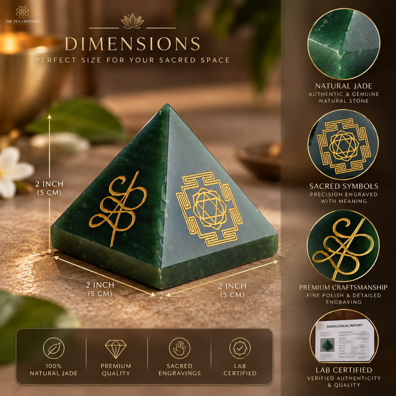 A green natural jade pyramid crystal tower with gold engravings, shown with dimension labels indicating a 2-inch height and base on a wooden surface, alongside feature callouts and a lab certification badge.