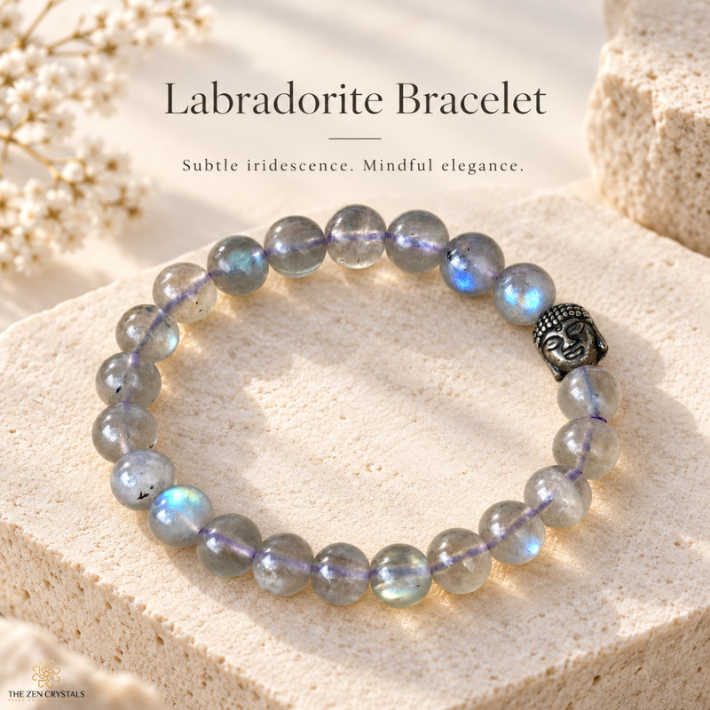A labradorite beaded bracelet with a small black Buddha head charm, displayed on a textured beige stone block with text overlay reading 'Labradorite Bracelet'.