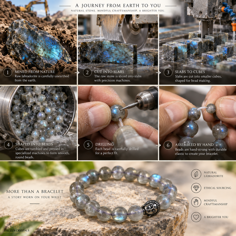 A six-panel collage showing the handmade beaded bracelet from raw stone to finished wear, with close-up of hands assembling the beads and a final product shot on a stone surface. Text highlights natural labradorite, handmade craftsmanship, ethical sourcing, and bracelet benefits.